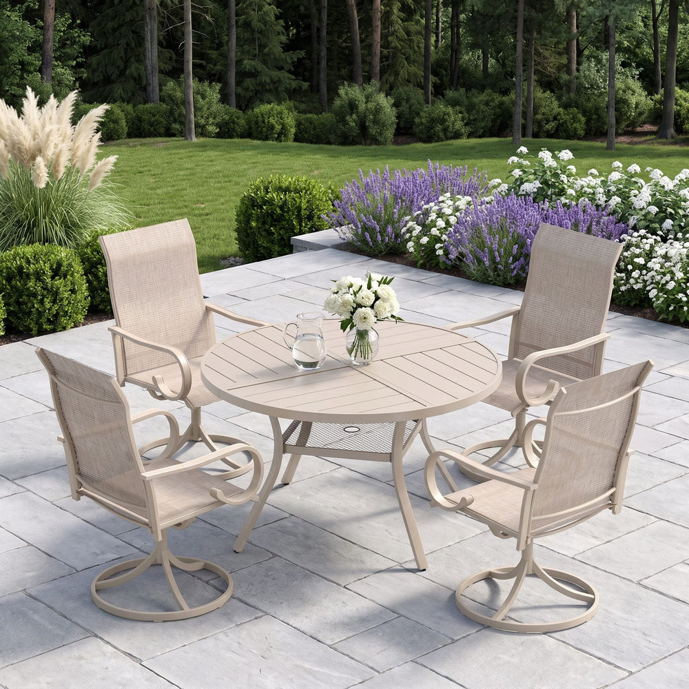 VICLLAX 5 Piece Modern Patio Dining Set, 40.7 inch Round Metal Table with Umbrella Hole and Ergonomic High-back Swivel Rocking Sling Chairs