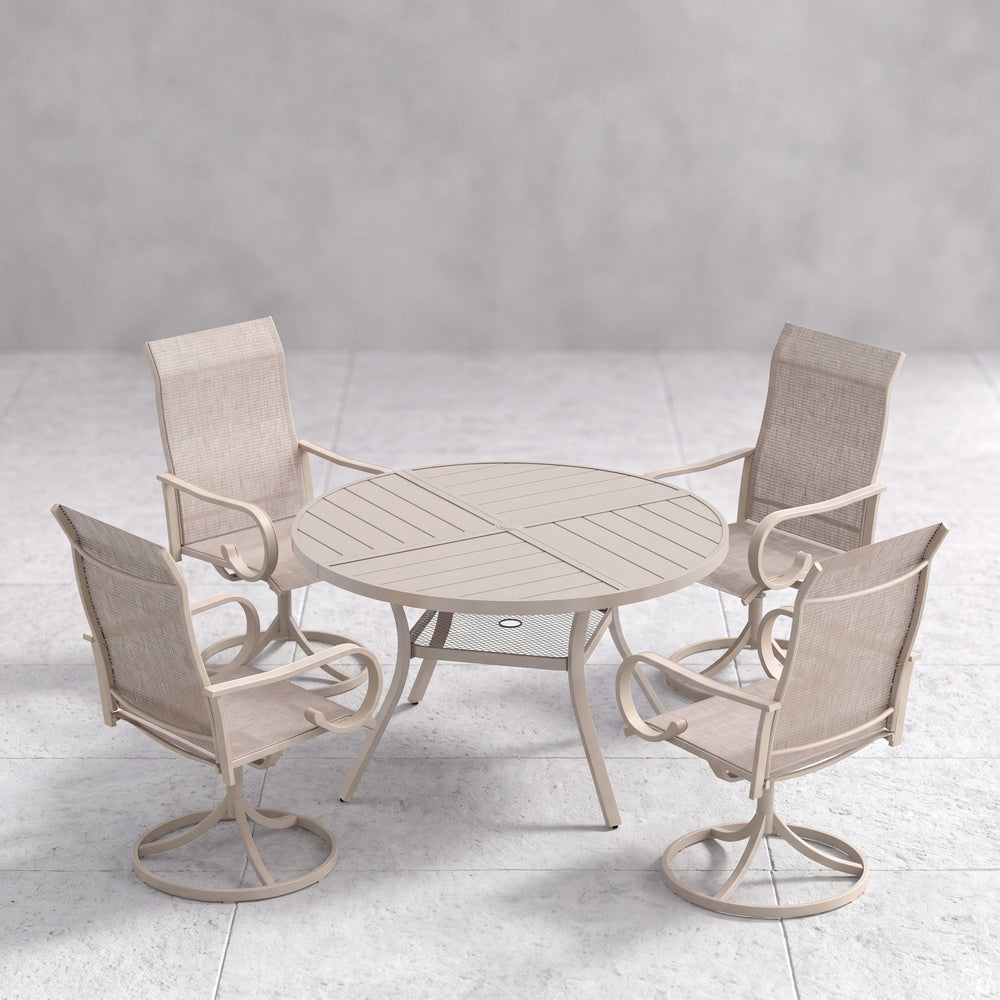 VICLLAX 5 Piece Modern Patio Dining Set, 40.7 inch Round Metal Table with Umbrella Hole and Ergonomic High-back Swivel Rocking Sling Chairs