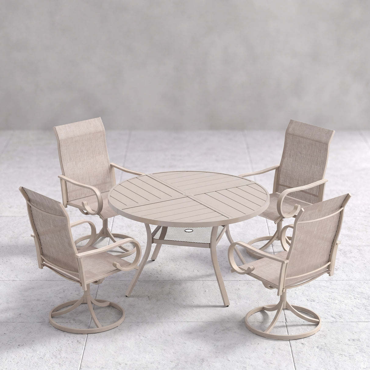 VICLLAX 5 Piece Modern Patio Dining Set, 40.7 inch Round Metal Table with Umbrella Hole and Ergonomic High-back Swivel Rocking Sling Chairs