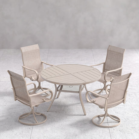 VICLLAX 5 Piece Modern Patio Dining Set, 40.7 inch Round Metal Table with Umbrella Hole and Ergonomic High-back Swivel Rocking Sling Chairs
