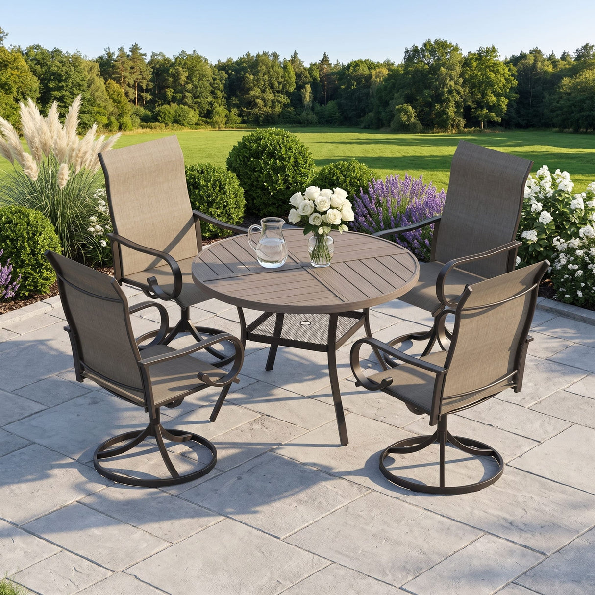 VICLLAX 5 Piece Modern Patio Dining Set, 40.7 inch Round Metal Table with Umbrella Hole and Ergonomic High-back Swivel Rocking Sling Chairs
