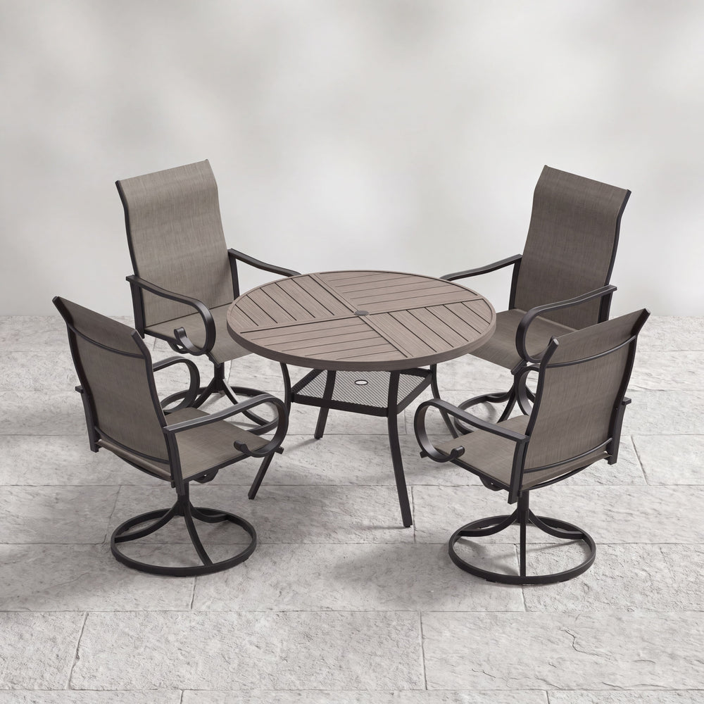 VICLLAX 5 Piece Modern Patio Dining Set, 40.7 inch Round Metal Table with Umbrella Hole and Ergonomic High-back Swivel Rocking Sling Chairs