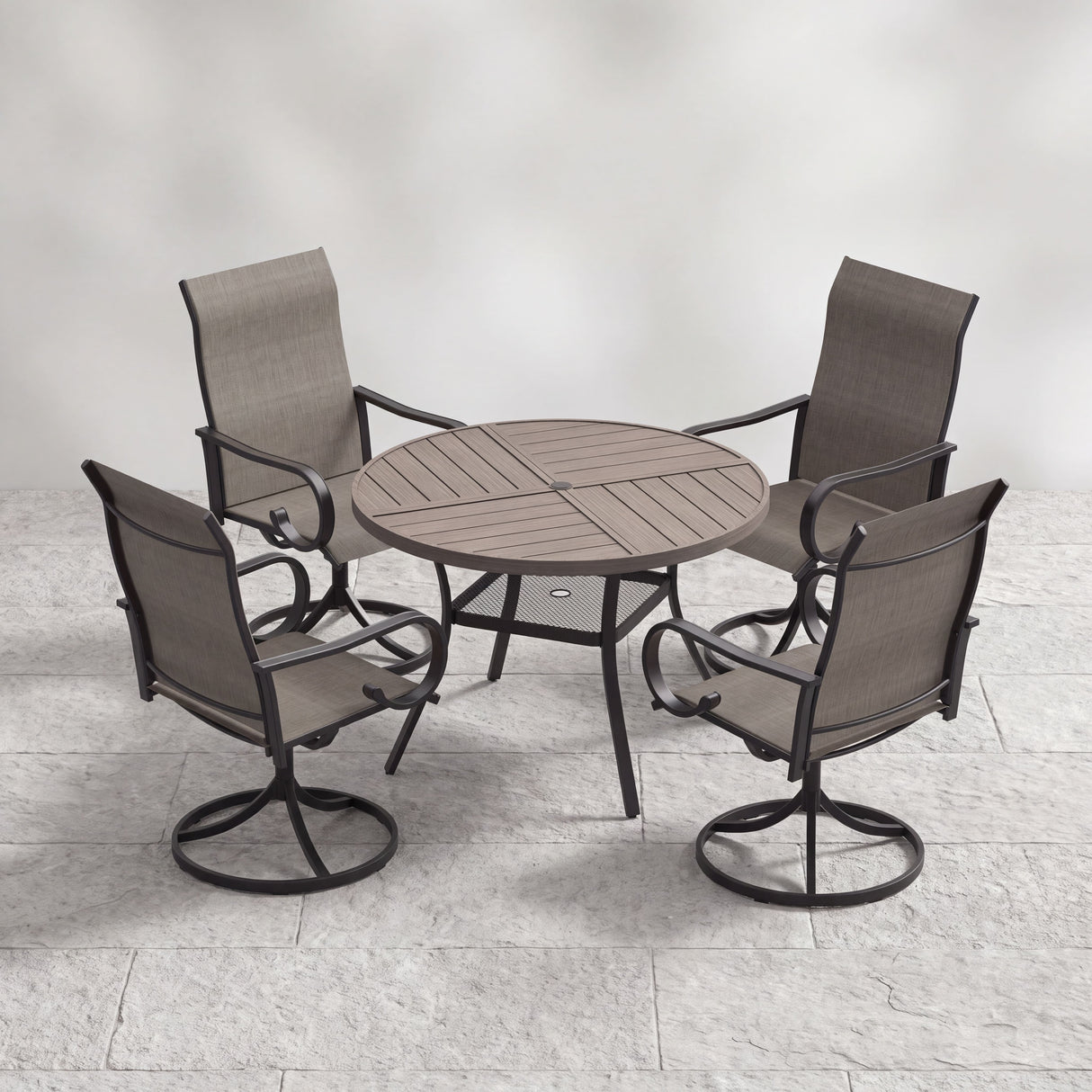 VICLLAX 5 Piece Modern Patio Dining Set, 40.7 inch Round Metal Table with Umbrella Hole and Ergonomic High-back Swivel Rocking Sling Chairs