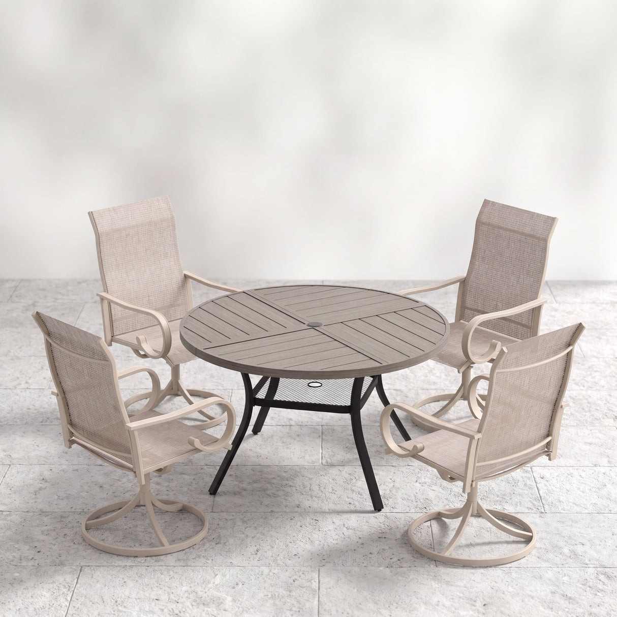 VICLLAX 5 Piece Modern Patio Dining Set, 40.7 inch Round Metal Table with Umbrella Hole and Ergonomic High-back Swivel Rocking Sling Chairs