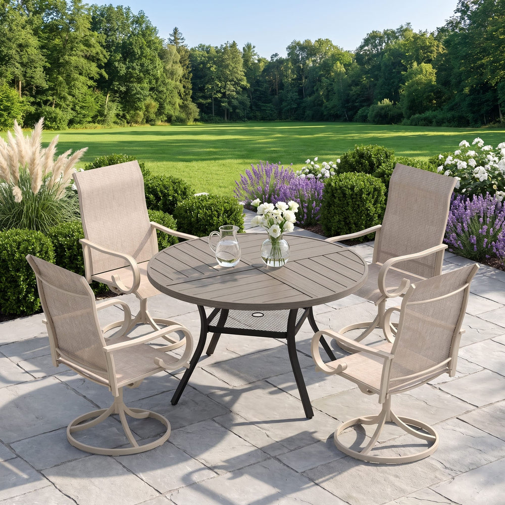 VICLLAX 5 Piece Modern Patio Dining Set, 40.7 inch Round Metal Table with Umbrella Hole and Ergonomic High-back Swivel Rocking Sling Chairs