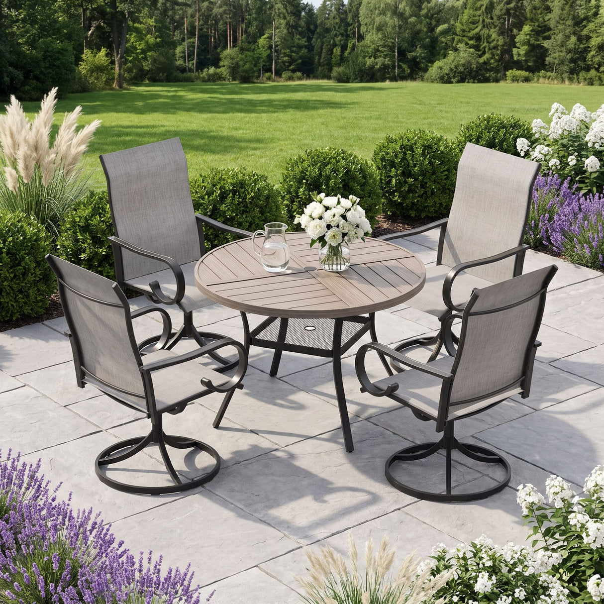 VICLLAX 5 Piece Modern Patio Dining Set, 40.7 inch Round Metal Table with Umbrella Hole and Ergonomic High-back Swivel Rocking Sling Chairs