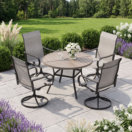 VICLLAX 5 Piece Modern Patio Dining Set, 40.7 inch Round Metal Table with Umbrella Hole and Ergonomic High-back Swivel Rocking Sling Chairs