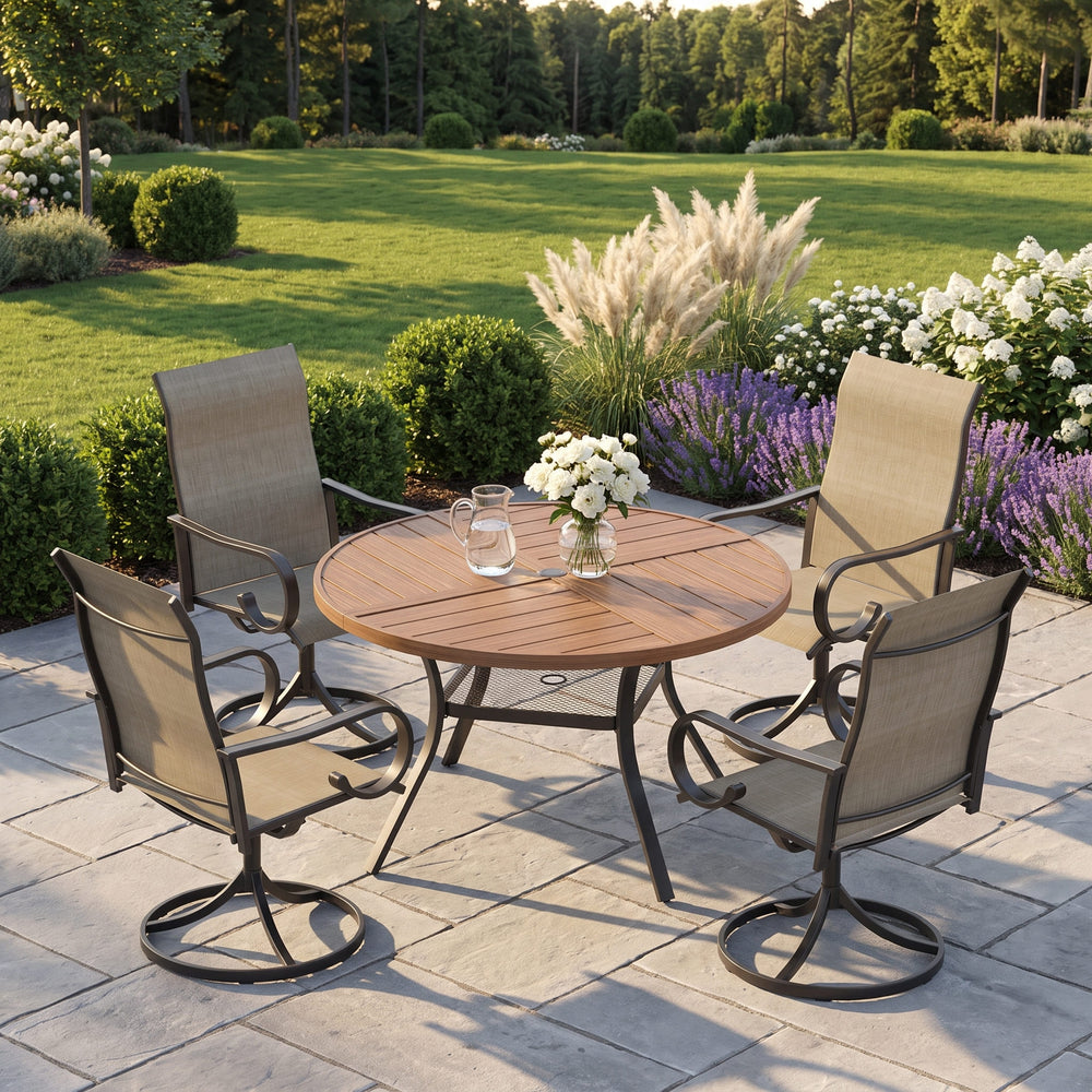 VICLLAX 5 Piece Modern Patio Dining Set, 40.7 inch Round Metal Table with Umbrella Hole and Ergonomic High-back Swivel Rocking Sling Chairs