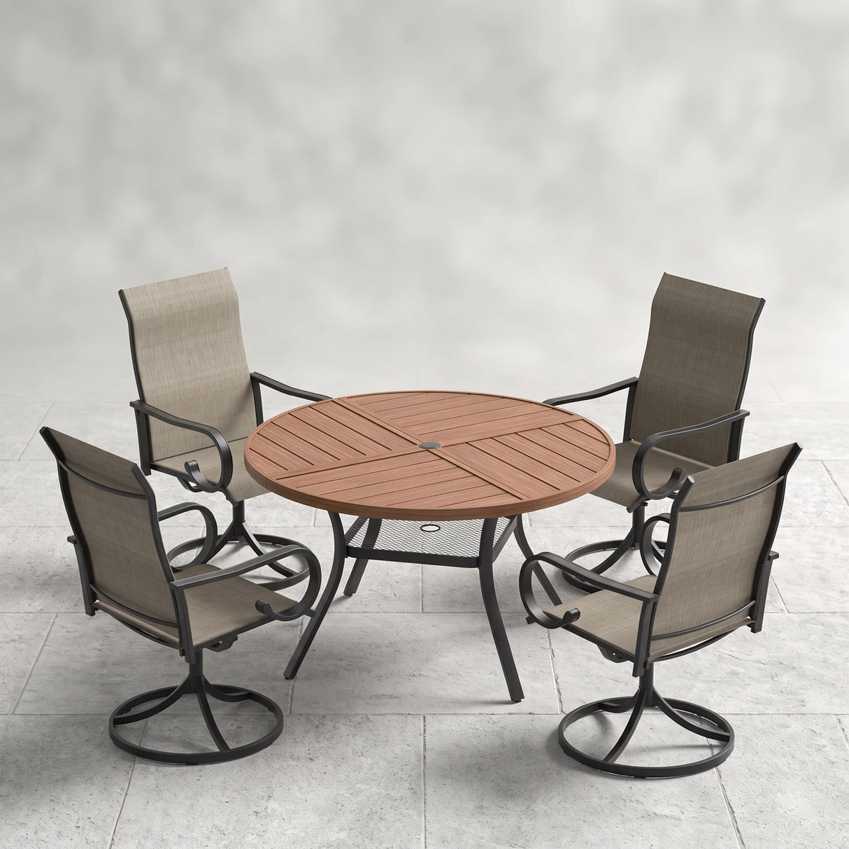 VICLLAX 5 Piece Modern Patio Dining Set, 40.7 inch Round Metal Table with Umbrella Hole and Ergonomic High-back Swivel Rocking Sling Chairs