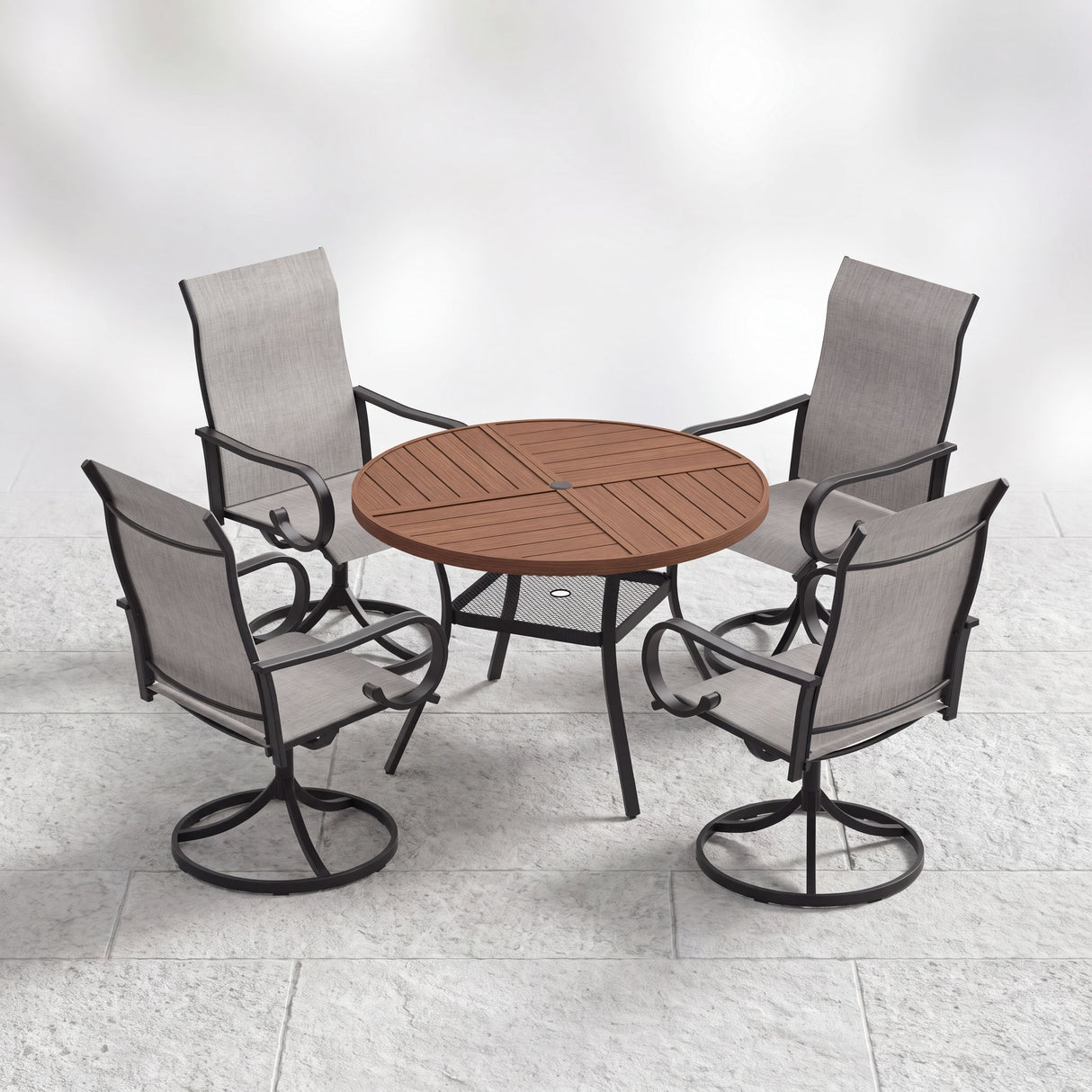 VICLLAX 5 Piece Modern Patio Dining Set, 40.7 inch Round Metal Table with Umbrella Hole and Ergonomic High-back Swivel Rocking Sling Chairs