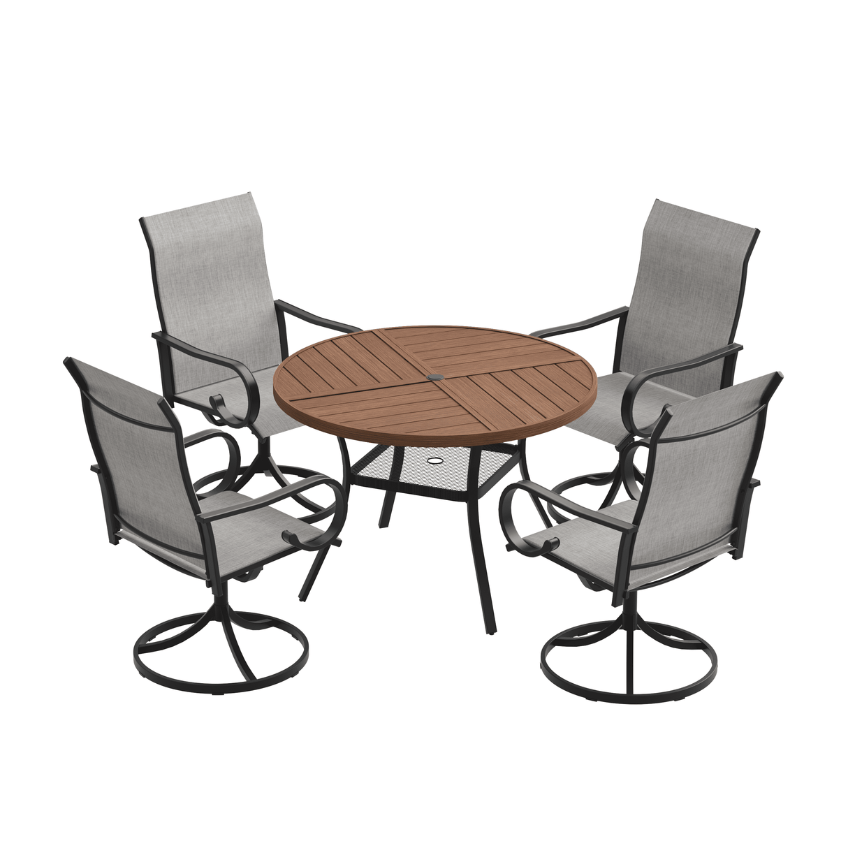 VICLLAX 5 Piece Modern Patio Dining Set, 40.7 inch Round Metal Table with Umbrella Hole and Ergonomic High-back Swivel Rocking Sling Chairs
