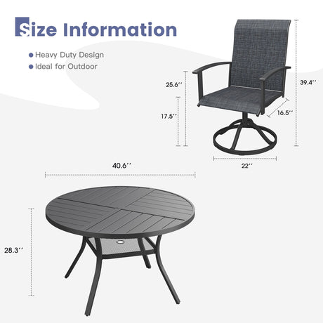 VICLLAX 5-Piece Outdoor Dining Set, 41” Round Metal Table with Umbrella Hole & 4 Swivel Rope-woven Chairs