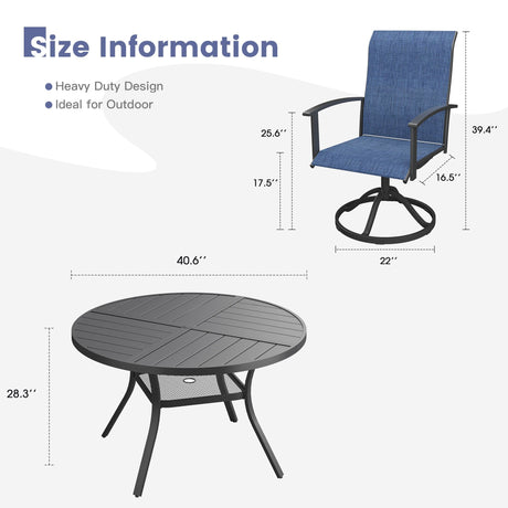 VICLLAX 5-Piece Outdoor Dining Set, 41” Round Metal Table with Umbrella Hole & 4 Swivel Rope-woven Chairs