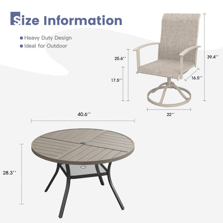 VICLLAX 5-Piece Outdoor Dining Set, 41” Round Metal Table with Umbrella Hole & 4 Swivel Rope-woven Chairs