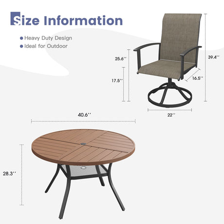 VICLLAX 5-Piece Outdoor Dining Set, 41” Round Metal Table with Umbrella Hole & 4 Swivel Rope-woven Chairs