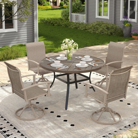 VICLLAX 5-pcs Outdoor Dining Set, 41” Round Metal Table with Umbrella Hole & 4 Swivel Textilene Chairs