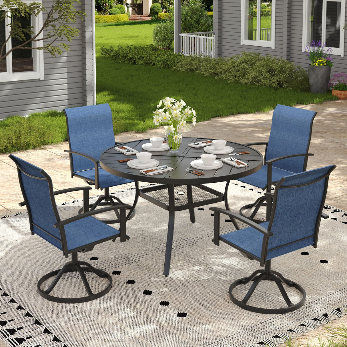 VICLLAX 5-pcs Outdoor Dining Set, 41” Round Metal Table with Umbrella Hole & 4 Swivel Textilene Chairs
