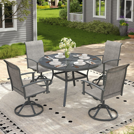 VICLLAX 5-pcs Outdoor Dining Set, 41” Round Metal Table with Umbrella Hole & 4 Swivel Textilene Chairs