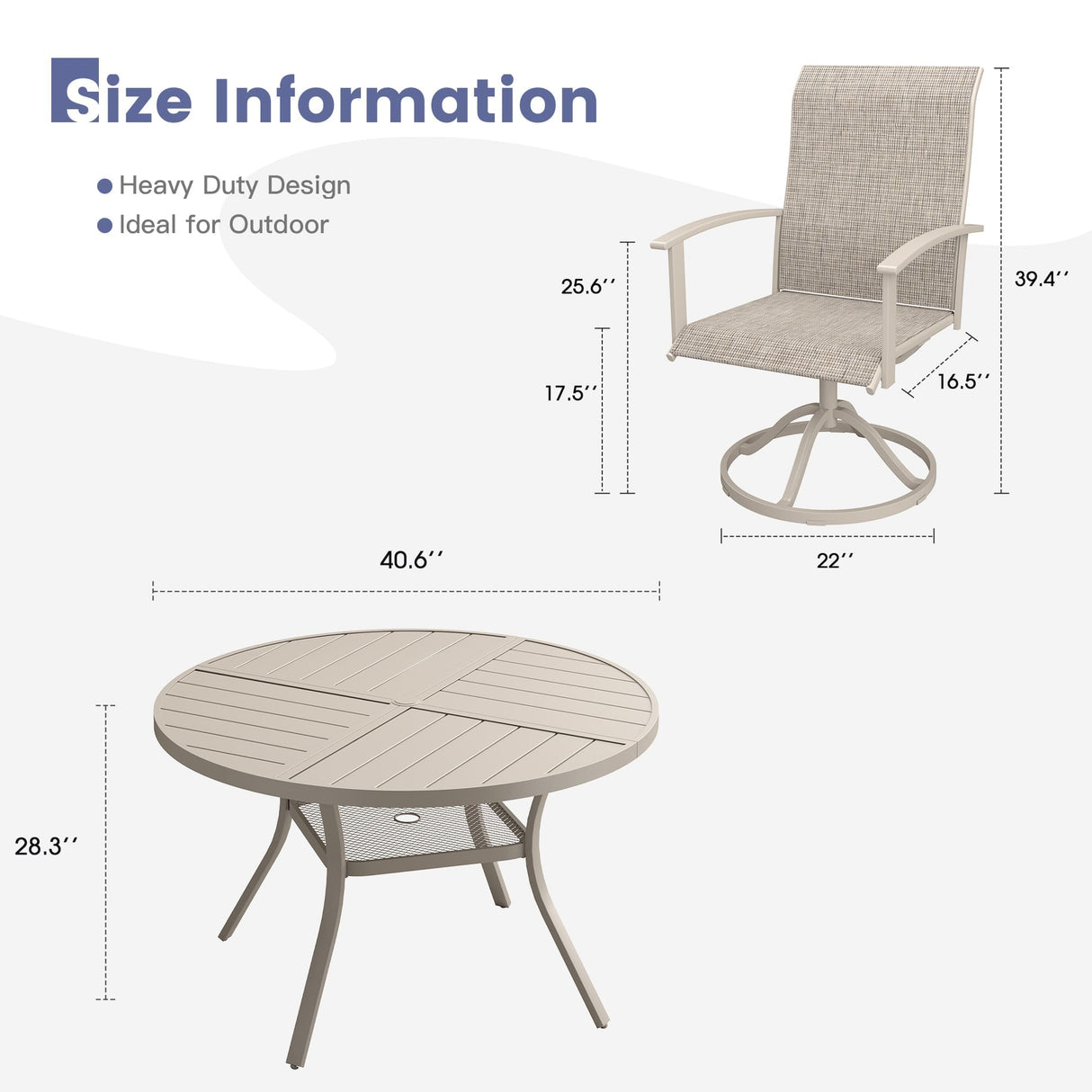 VICLLAX 5-pcs Outdoor Dining Set, 41” Round Metal Table with Umbrella Hole & 4 Swivel Textilene Chairs