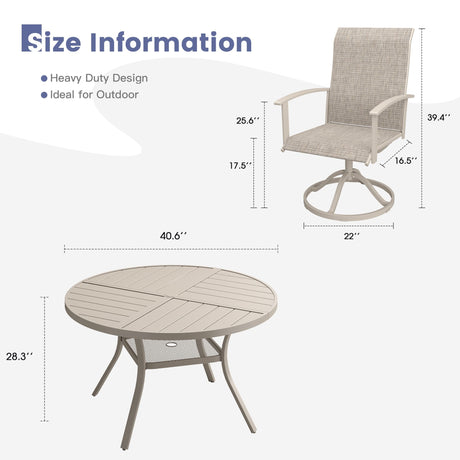 VICLLAX 5-Piece Outdoor Dining Set, 41” Round Metal Table with Umbrella Hole & 4 Swivel Rope-woven Chairs