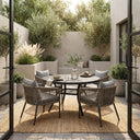 Vicllax 5-Piece Outdoor Patio Dining Set - 47.2-Inch Round Table with Umbrella Hole and 4 Smooth Resin Wicker Armchairs with Seat & Back Cushions