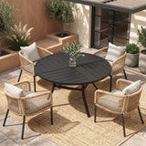 Vicllax 5-Piece Outdoor Patio Dining Set - 47.2-Inch Round Table with Umbrella Hole and 4 Smooth Resin Wicker Armchairs with Seat & Back Cushions