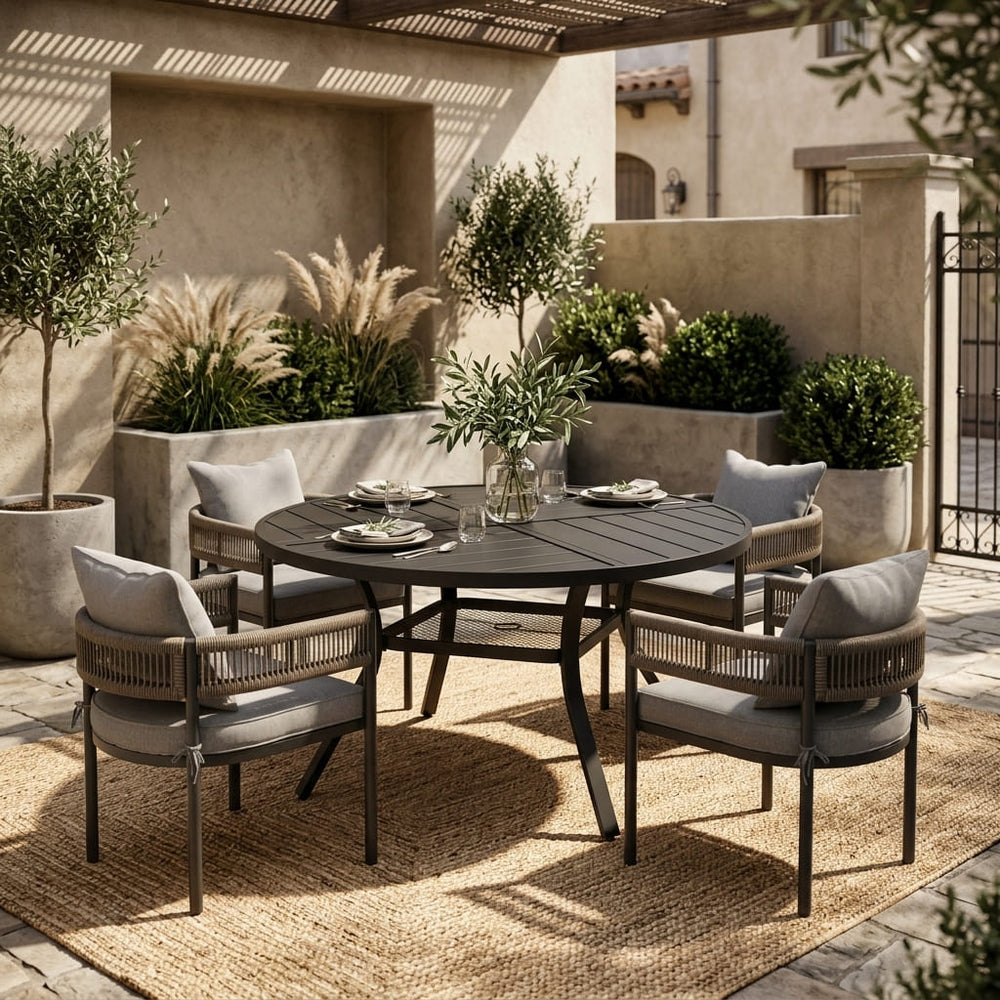 VICLLAX 5-Piece Weather-Resistant Outside Dining Furniture - 47.2" Round Table with 4 Aria Low-back Outdoor Dining Armchair
