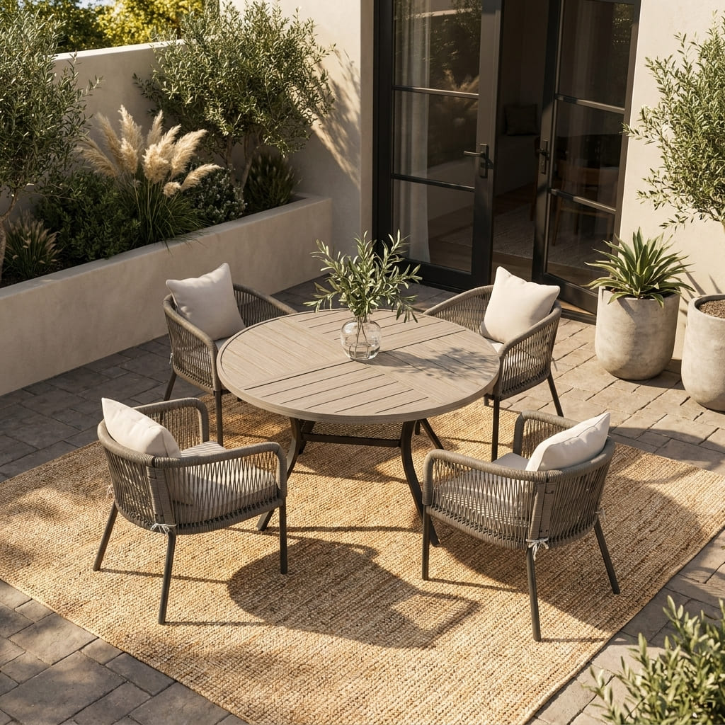 Vicllax 5-Piece Outdoor Patio Dining Set - 47.2-Inch Round Table with Umbrella Hole and 4 Smooth Resin Wicker Armchairs with Seat & Back Cushions