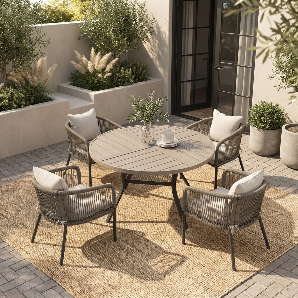 Vicllax 5-Piece Outdoor Patio Dining Set - 47.2-Inch Round Table with Umbrella Hole and 4 Smooth Resin Wicker Armchairs with Seat & Back Cushions