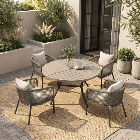 Vicllax 5-Piece Outdoor Patio Dining Set - 47.2-Inch Round Table with Umbrella Hole and Aria Modern Woven Rope Armchair