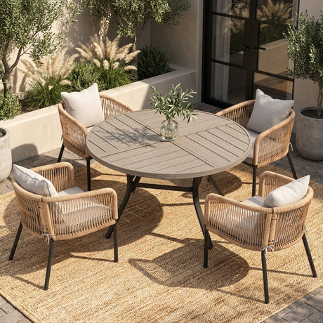 Vicllax 5-Piece Outdoor Patio Dining Set - 47.2-Inch Round Table with Umbrella Hole and Aria Modern Woven Rope Armchair