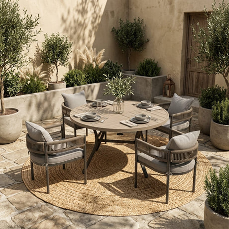 VICLLAX 5-Piece Weather-Resistant Outside Dining Furniture - 47.2" Round Table with 4 Aria Low-back Outdoor Dining Armchair