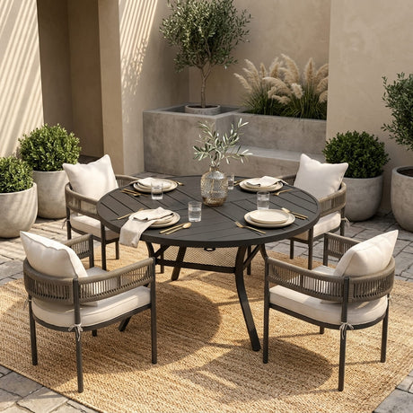 VICLLAX 5-Piece Weather-Resistant Outside Dining Furniture - 47.2" Round Table with 4 Aria Low-back Outdoor Dining Armchair