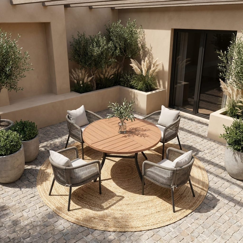 Vicllax 5-Piece Outdoor Patio Dining Set - 47.2-Inch Round Table with Umbrella Hole and 4 Smooth Resin Wicker Armchairs with Seat & Back Cushions