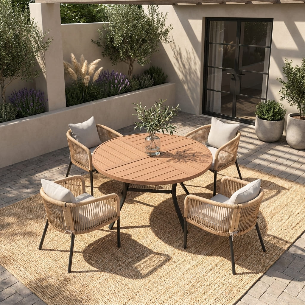 Vicllax 5-Piece Outdoor Patio Dining Set - 47.2-Inch Round Table with Umbrella Hole and 4 Smooth Resin Wicker Armchairs with Seat & Back Cushions