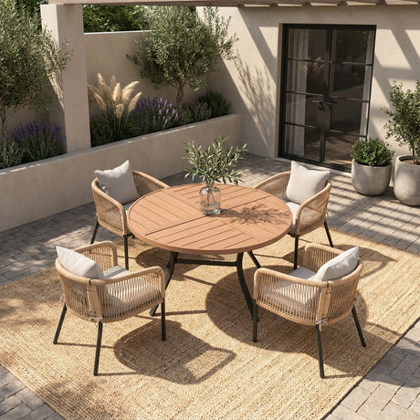 Vicllax 5-Piece Outdoor Patio Dining Set - 47.2-Inch Round Table with Umbrella Hole and Aria Modern Woven Rope Armchair