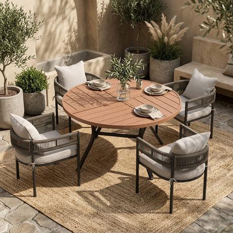 VICLLAX 5-Piece Weather-Resistant Outside Dining Furniture - 47.2" Round Table with 4 Aria Low-back Outdoor Dining Armchair
