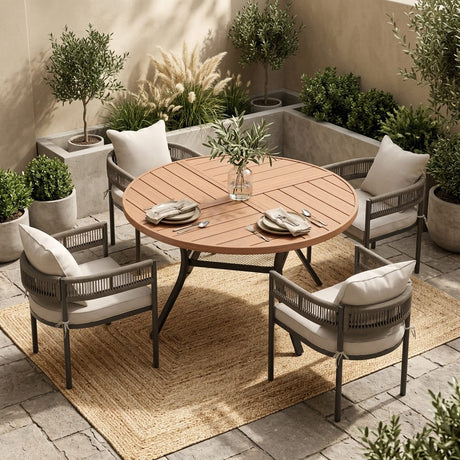 VICLLAX 5-Piece Weather-Resistant Outside Dining Furniture - 47.2" Round Table with 4 Aria Low-back Outdoor Dining Armchair