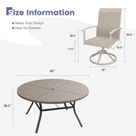 VICLLAX 7-pcs Outdoor Dining Set, 50” Round Metal Table with Umbrella Hole & 6 Swivel Textilene Chairs