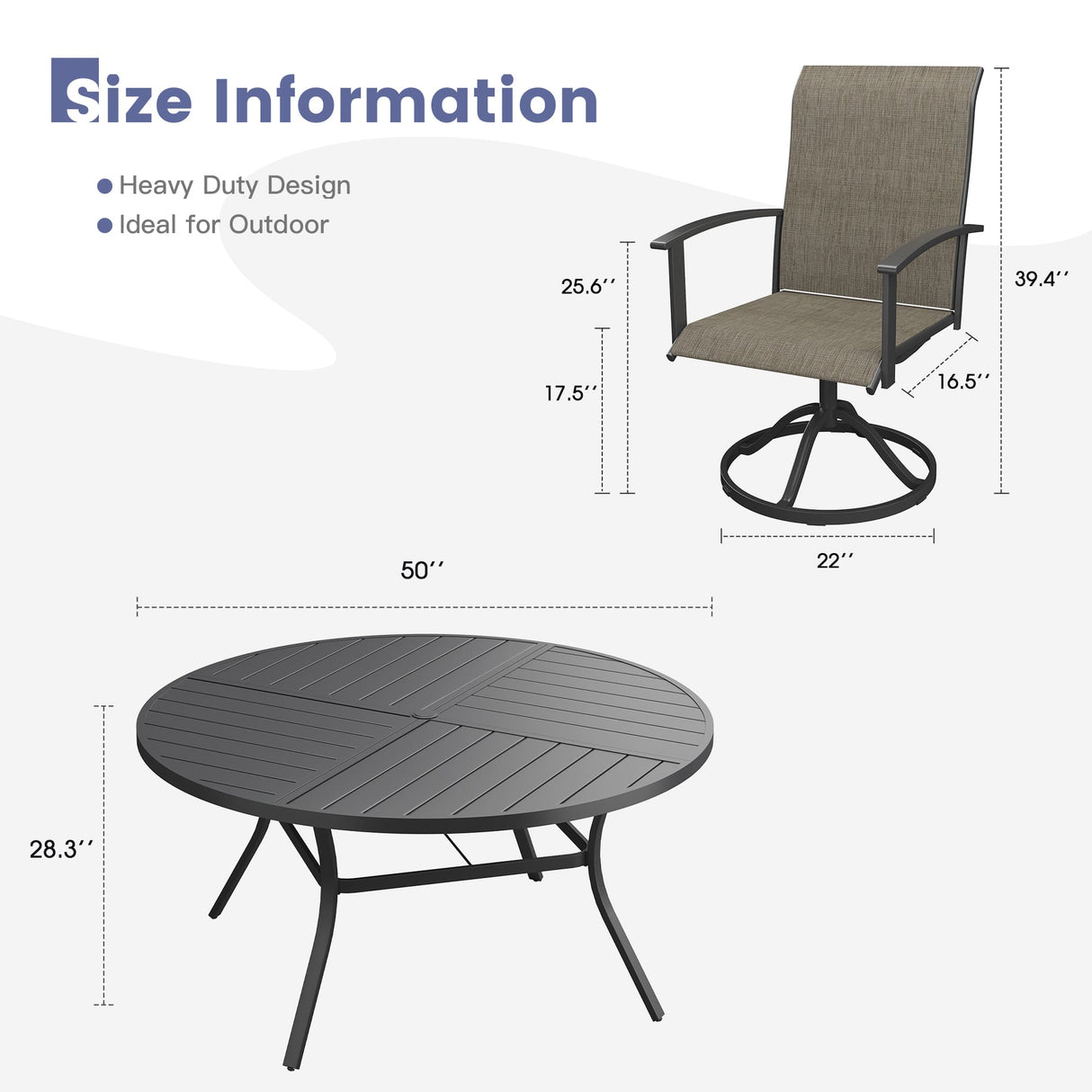 VICLLAX 7-pcs Outdoor Dining Set, 50” Round Metal Table with Umbrella Hole & 6 Swivel Textilene Chairs