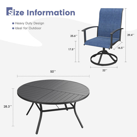 VICLLAX 7-pcs Outdoor Dining Set, 50” Round Metal Table with Umbrella Hole & 6 Swivel Textilene Chairs