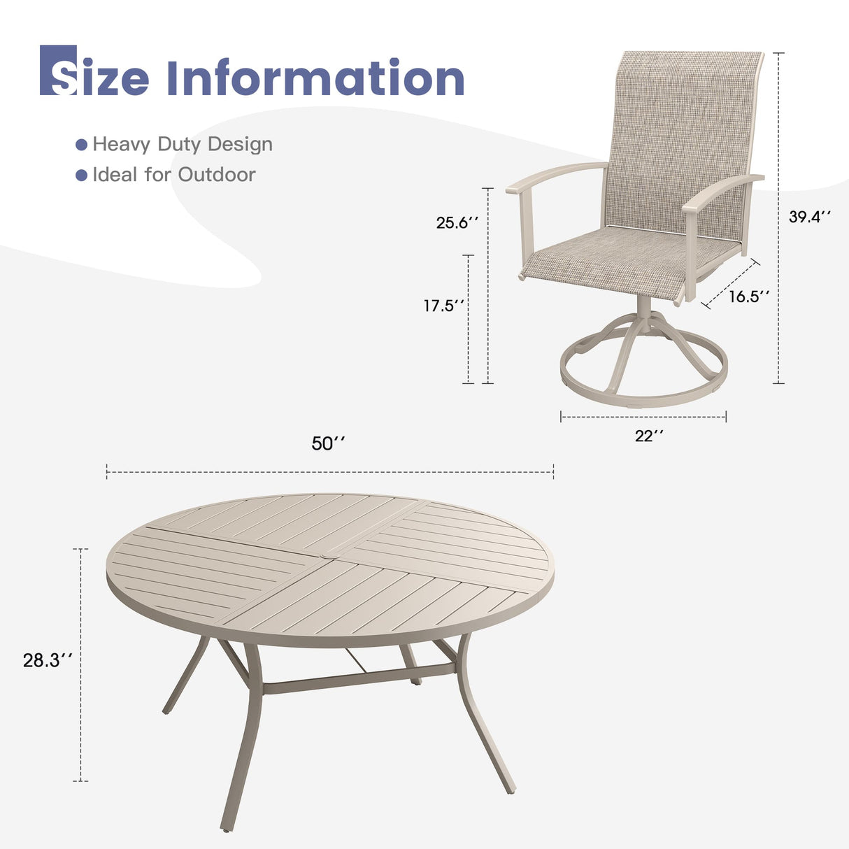 VICLLAX 7-pcs Outdoor Dining Set, 50” Round Metal Table with Umbrella Hole & 6 Swivel Textilene Chairs