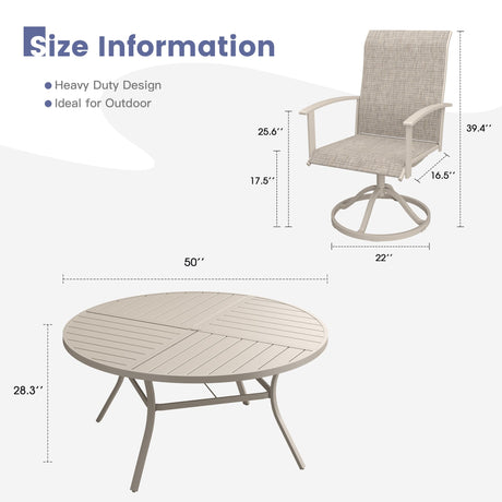 VICLLAX 7-pcs Outdoor Dining Set, 50” Round Metal Table with Umbrella Hole & 6 Swivel Textilene Chairs