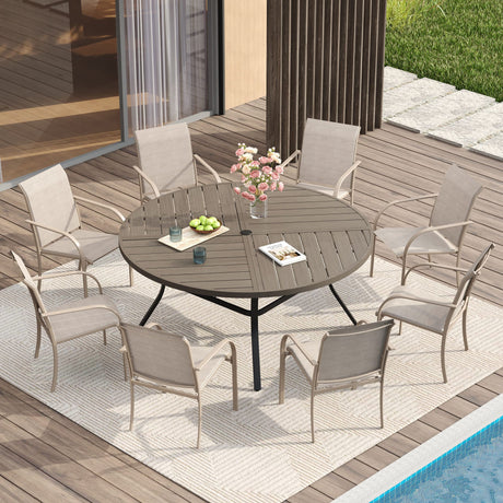 VICLLAX 7/9/11 PCS Patio Dining Table Set, Round Metal Table and Stackable Sling Chair