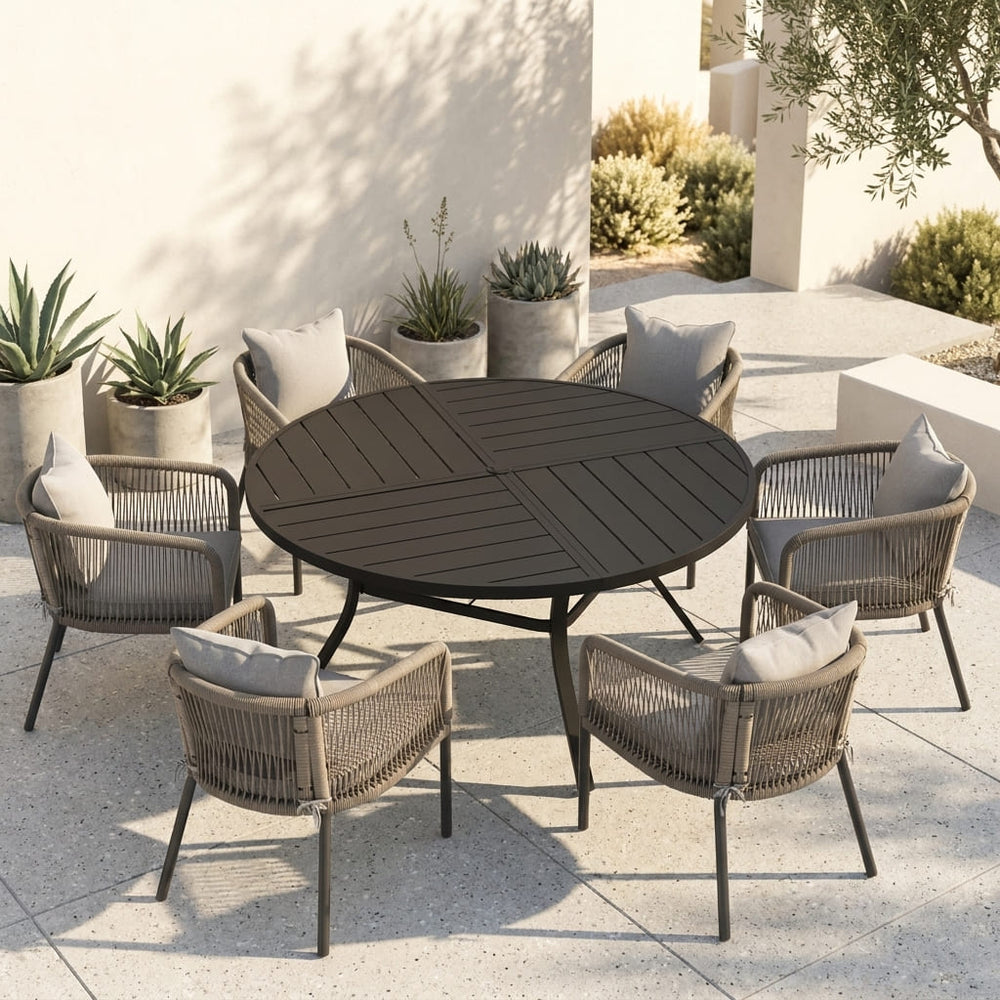 Vicllax 7-Piece Weather-Resistant Outside Dining Furniture - 50" / 53" Round Slat Table with 6 Smooth Synthetic Rattan Cushioned Armchairs for Lawn