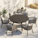Vicllax 7-Piece Weather-Resistant Outside Dining Furniture - 50" / 53" Round Slat Table with 6 Smooth Synthetic Rattan Cushioned Armchairs for Lawn