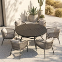 Vicllax 7-Piece Weather-Resistant Outside Dining Furniture - 50" / 53" Round Slat Table with 6 Smooth Synthetic Rattan Cushioned Armchairs for Lawn