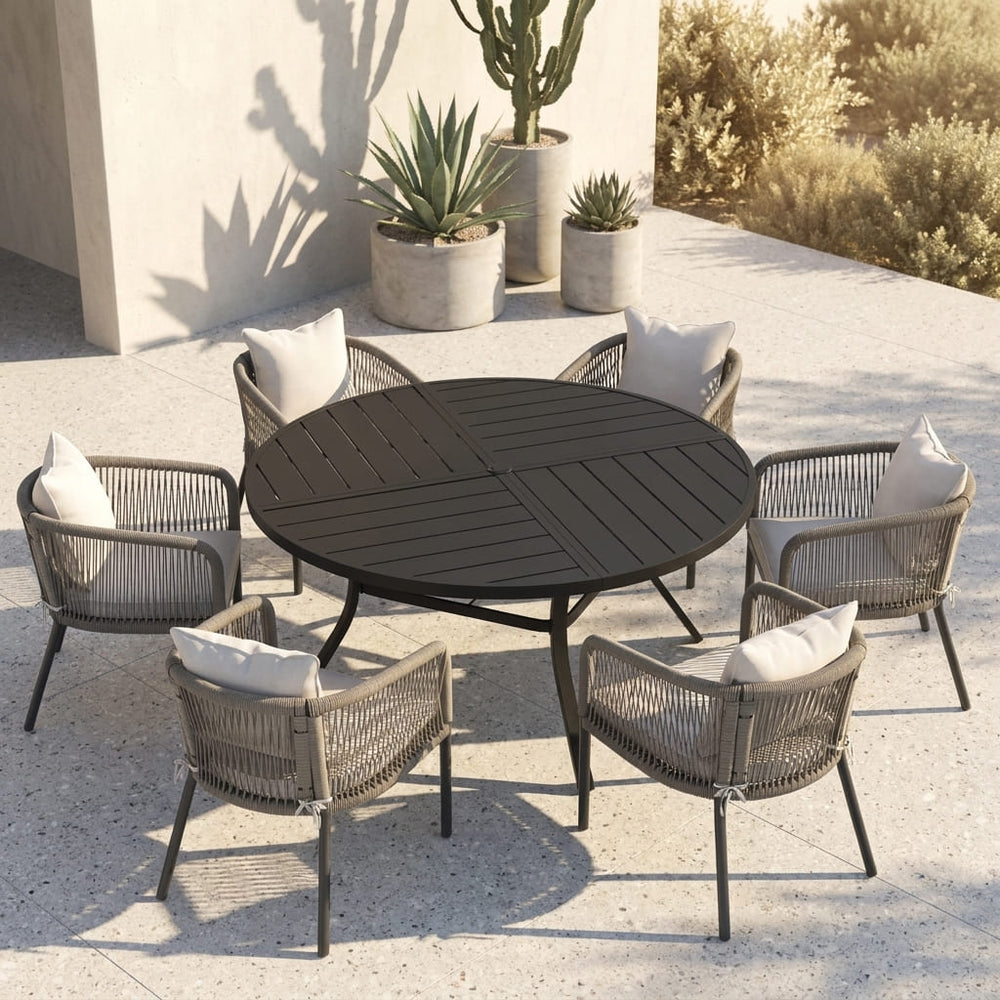 Vicllax 7-Piece Weather-Resistant Outside Dining Furniture - 50" / 53" Round Slat Table with 6 Smooth Synthetic Rattan Cushioned Armchairs for Lawn