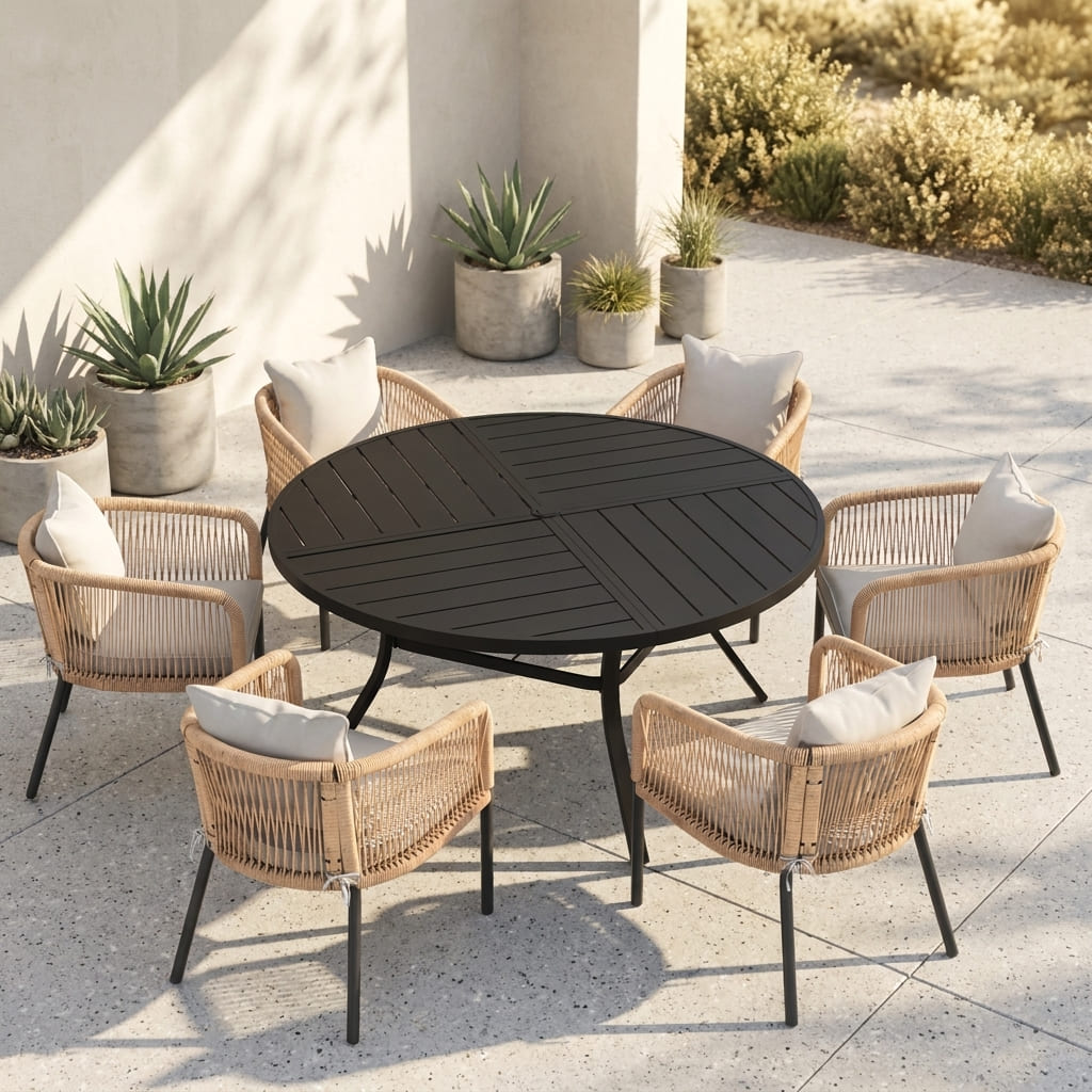 Vicllax 7-Piece Weather-Resistant Outside Dining Furniture - 50" / 53" Round Slat Table with 6 Smooth Synthetic Rattan Cushioned Armchairs for Lawn