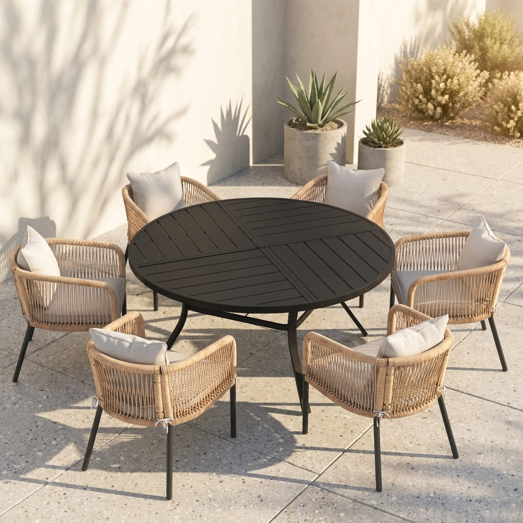 Vicllax 7-Piece Weather-Resistant Outside Dining Furniture - 50" / 53" Round Slat Table with 6 Smooth Synthetic Rattan Cushioned Armchairs for Lawn